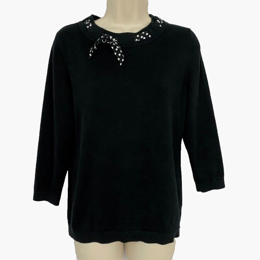 Talbots Sweater Medium Solid Black Polka Dot Bow Retro Twee Preppy Minimalist